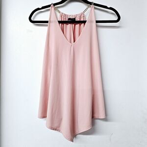 FIRST LOVE Blush Pink Chain Halter Neck Flowy Asymmetric Woman Shirt Top (M)